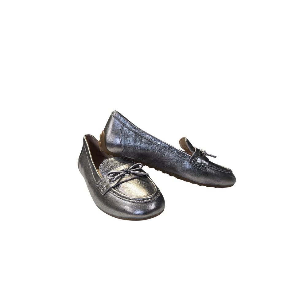 Metallic Silver Leather Driving Loafers Moc Toe Bow Slip On Flats
